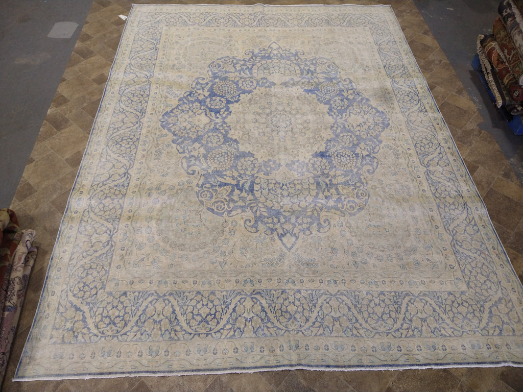 VINTAGE 10' x 13' Persian Kerman Old Worn Carpet Beige Blue #5039