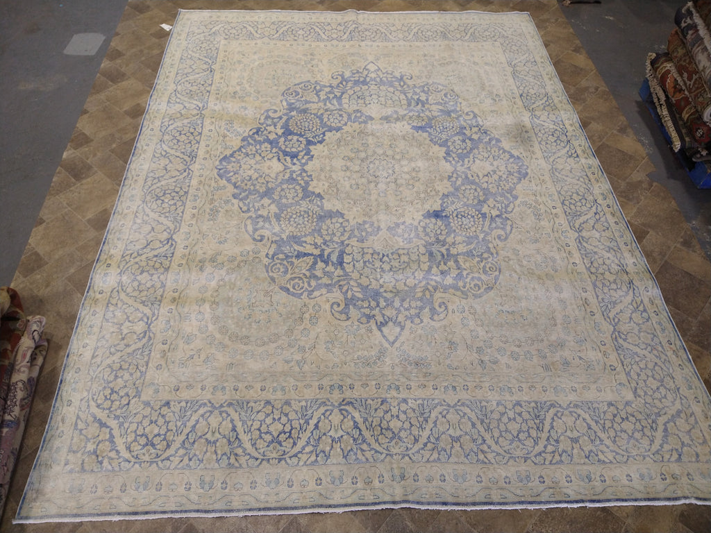 VINTAGE 10' x 13' Persian Kerman Old Worn Carpet Beige Blue #5039