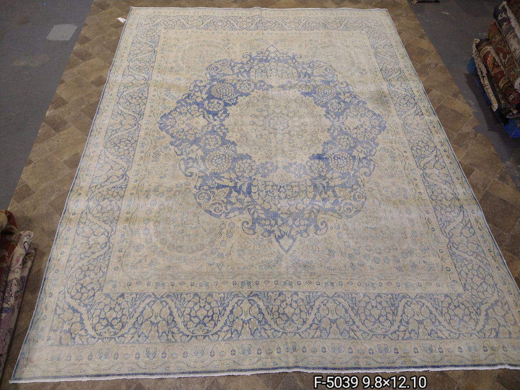 VINTAGE 10' x 13' Persian Kerman Old Worn Carpet Beige Blue #5039
