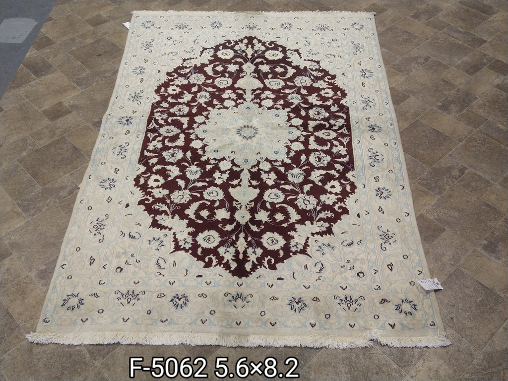 5 x 8 Persian Naeen rug Wool & silk Burgundy #5062
