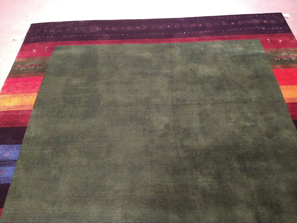 8 x 10 GREEN GABBEH RUG Handmade Wool Carpet RAINBOW BORDER #5402