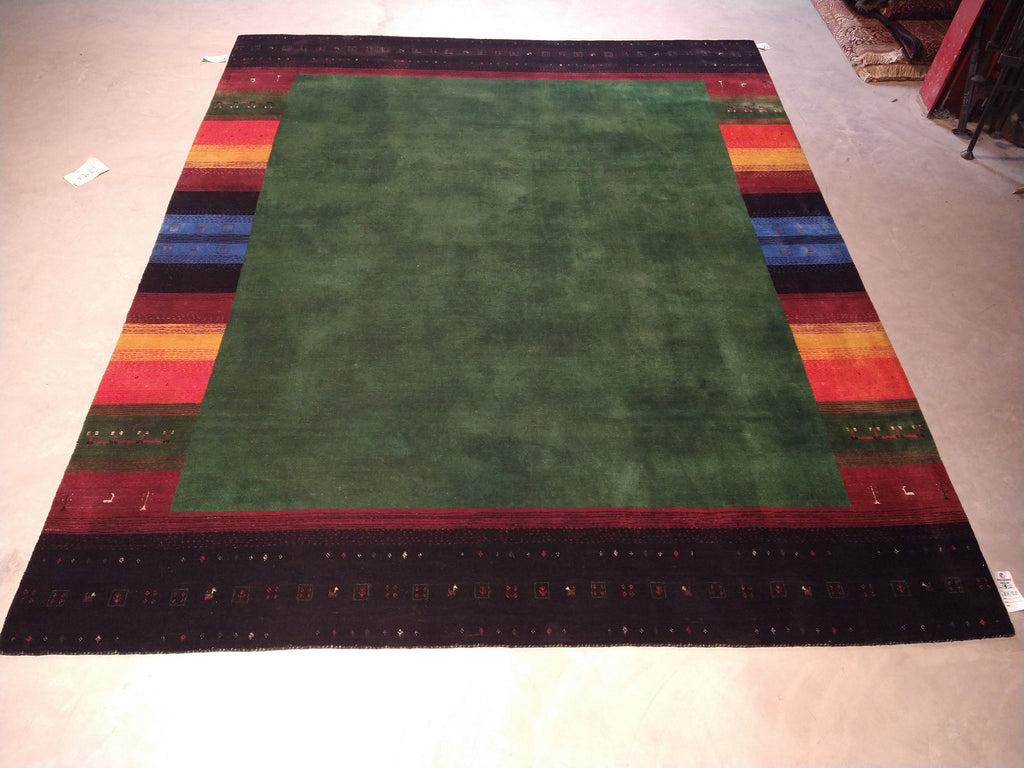 8 x 10 GREEN GABBEH RUG Handmade Wool Carpet RAINBOW BORDER #5402