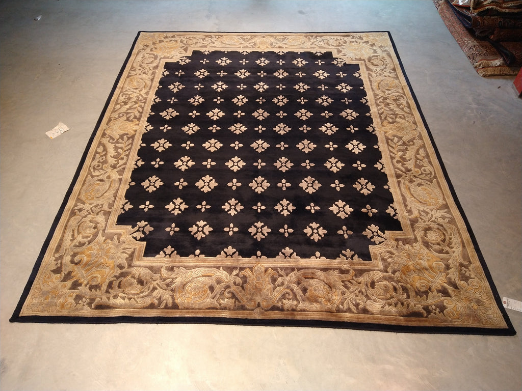 8' x 10' Contemporary Handmade Tibbet Wool Rug BLACK & Gold #5411