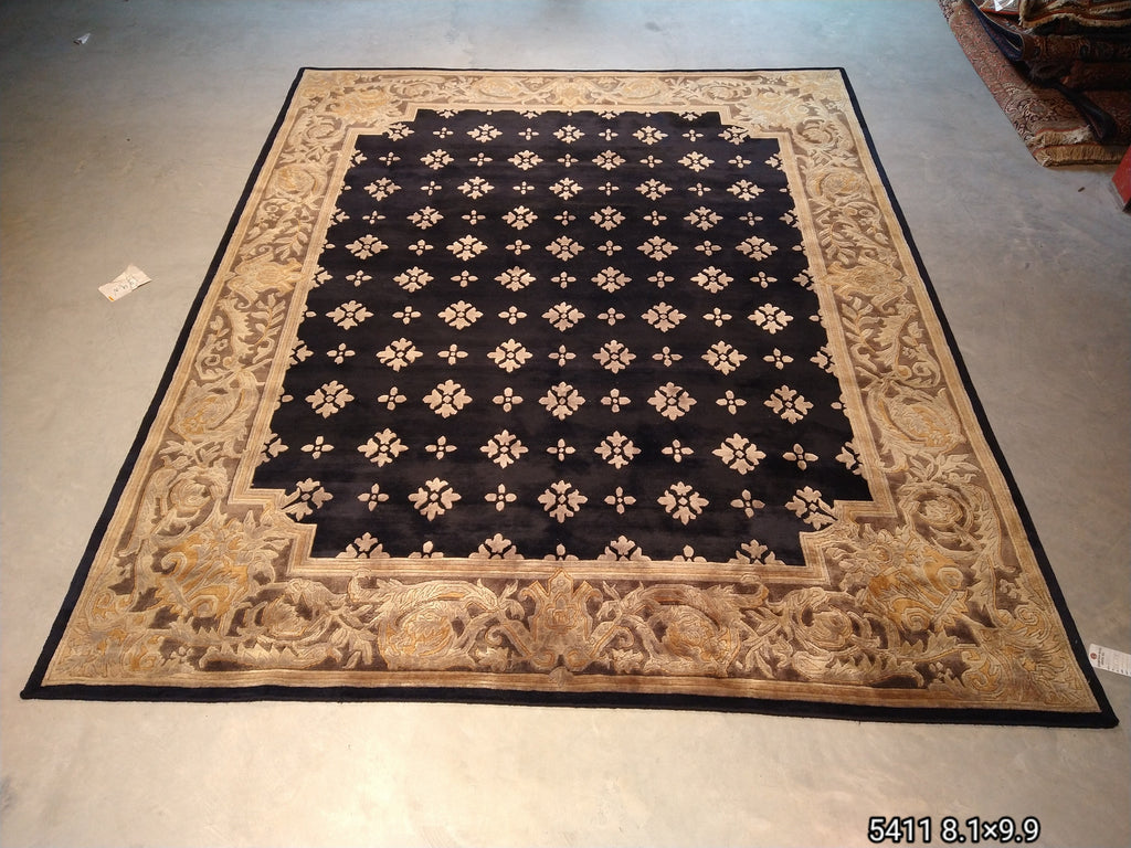 8' x 10' Contemporary Handmade Tibbet Wool Rug BLACK & Gold #5411