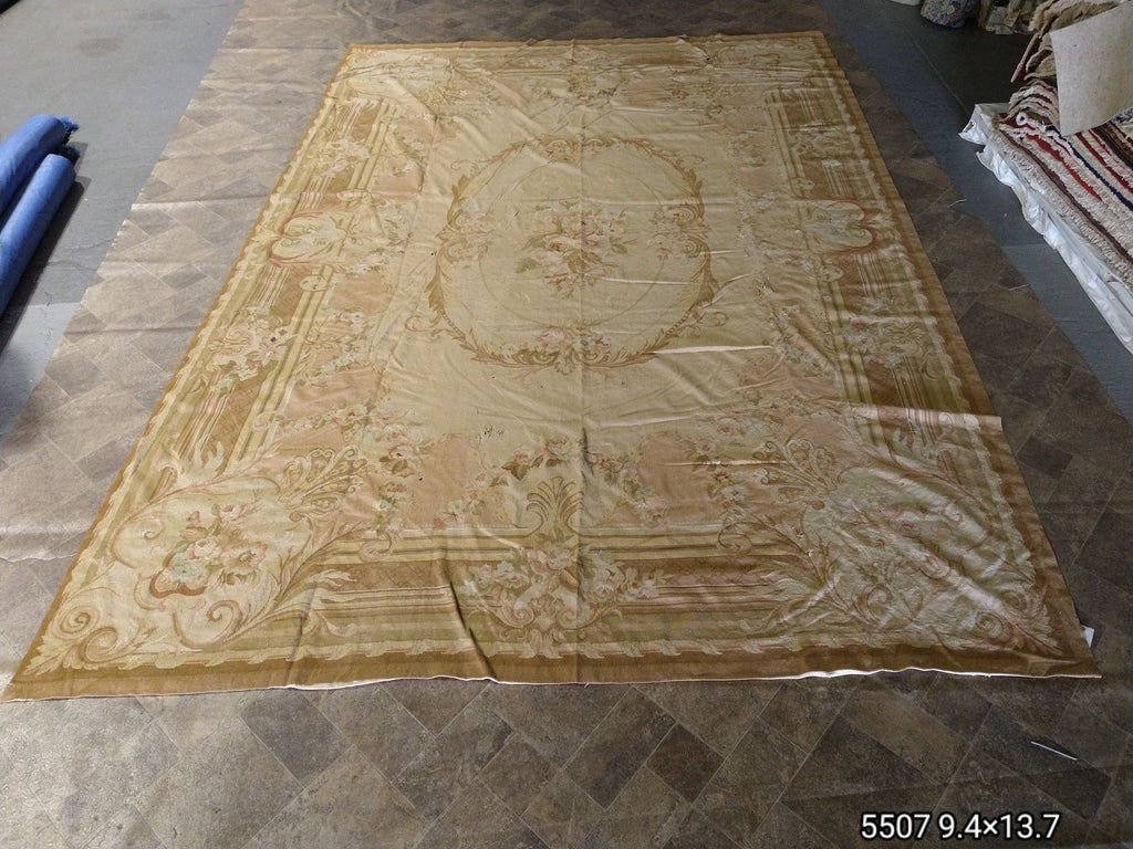 9.4 x 13.7 Neutral Colors Flat-Weave Aubusson Rug #F-5507