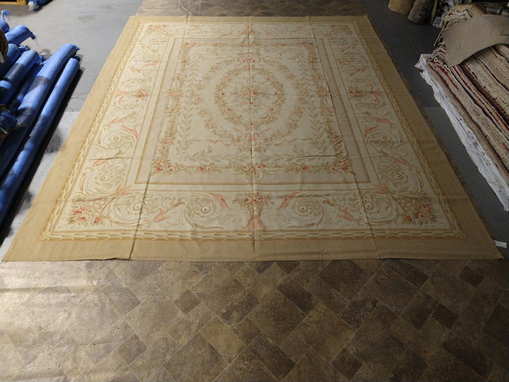 12.1 x 15.1 French Aubusson Flat weave Rug Neutral Weath #F-5512