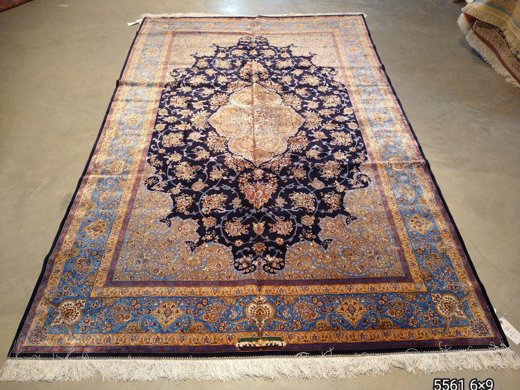 6' x 9' Navy Blue Turkish Bamboo Silk Rug #F-5561