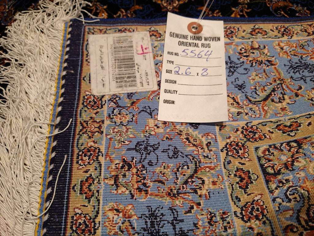 8' feet Turkish Silk Runner Dark Black Blue  #F-5564