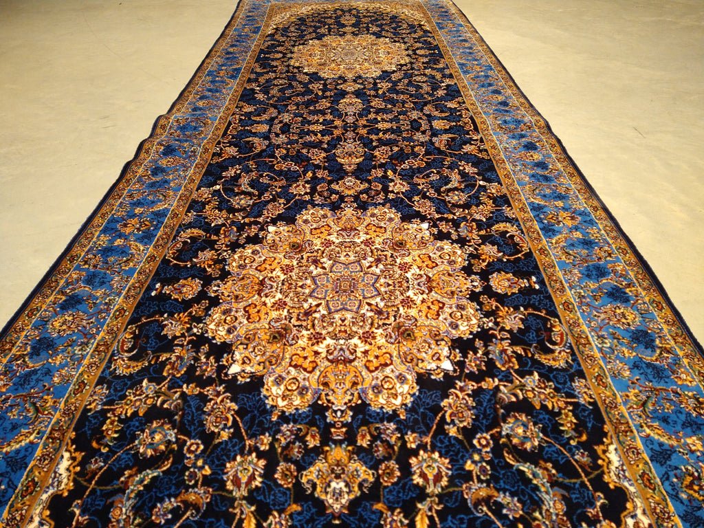 8' feet Turkish Silk Runner Dark Black Blue  #F-5564