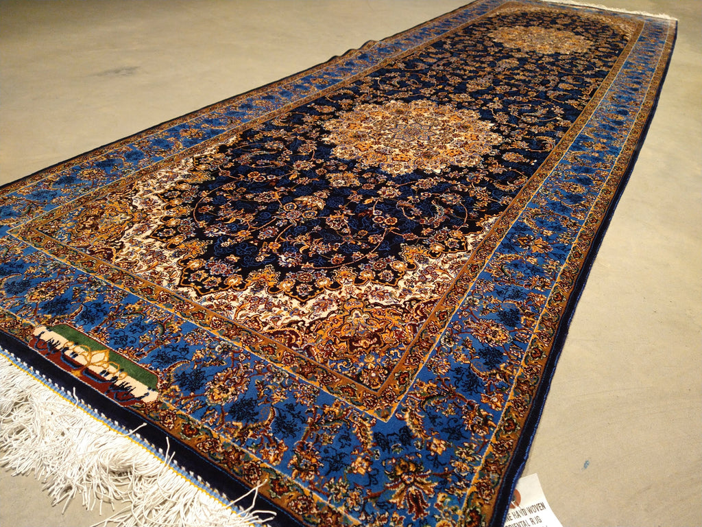 8' feet Turkish Silk Runner Dark Black Blue  #F-5564