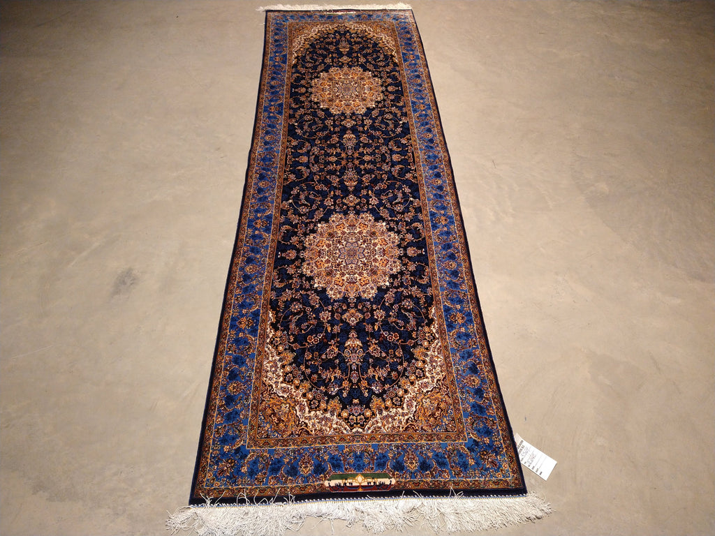 8' feet Turkish Silk Runner Dark Black Blue  #F-5564