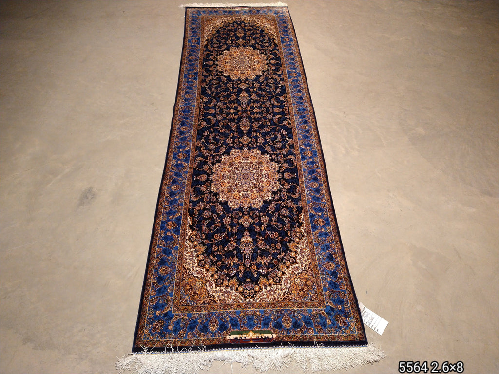 8' feet Turkish Silk Runner Dark Black Blue  #F-5564