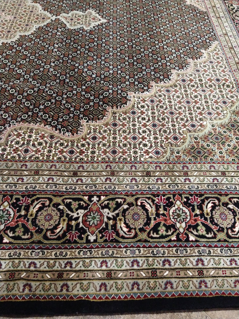 8.4 x 11.5 Fine Weave 200 KPSI BLACK Tabriz Mahi Wool and Silk Hand-knotted in India #F-5608