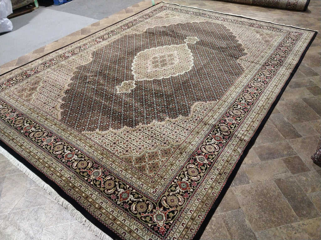 8.4 x 11.5 Fine Weave 200 KPSI BLACK Tabriz Mahi Wool and Silk Hand-knotted in India #F-5608