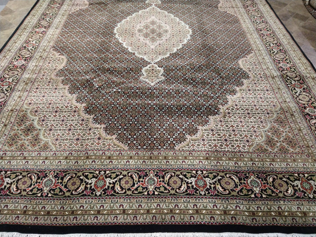 8.4 x 11.5 Fine Weave 200 KPSI BLACK Tabriz Mahi Wool and Silk Hand-knotted in India #F-5608