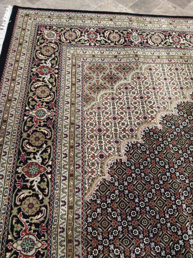 8.4 x 11.5 Fine Weave 200 KPSI BLACK Tabriz Mahi Wool and Silk Hand-knotted in India #F-5608