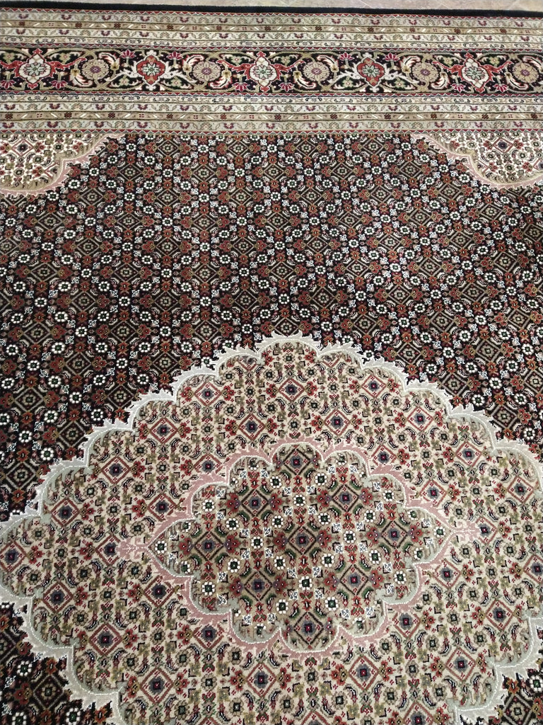 8.4 x 11.5 Fine Weave 200 KPSI BLACK Tabriz Mahi Wool and Silk Hand-knotted in India #F-5608