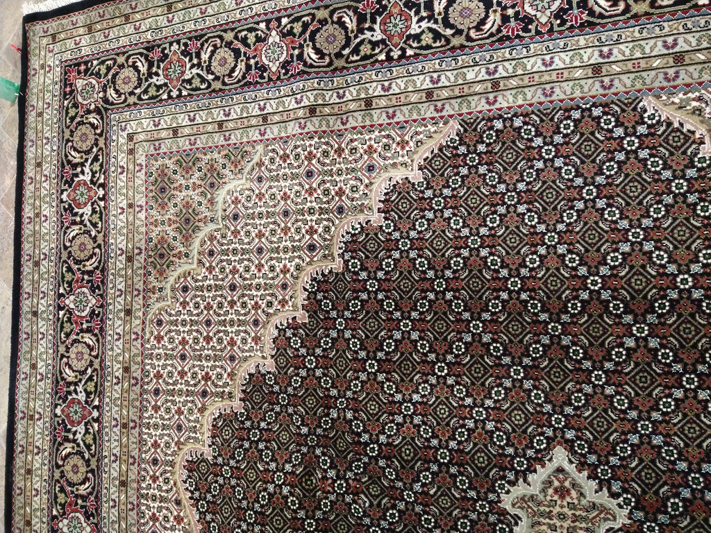 8.4 x 11.5 Fine Weave 200 KPSI BLACK Tabriz Mahi Wool and Silk Hand-knotted in India #F-5608