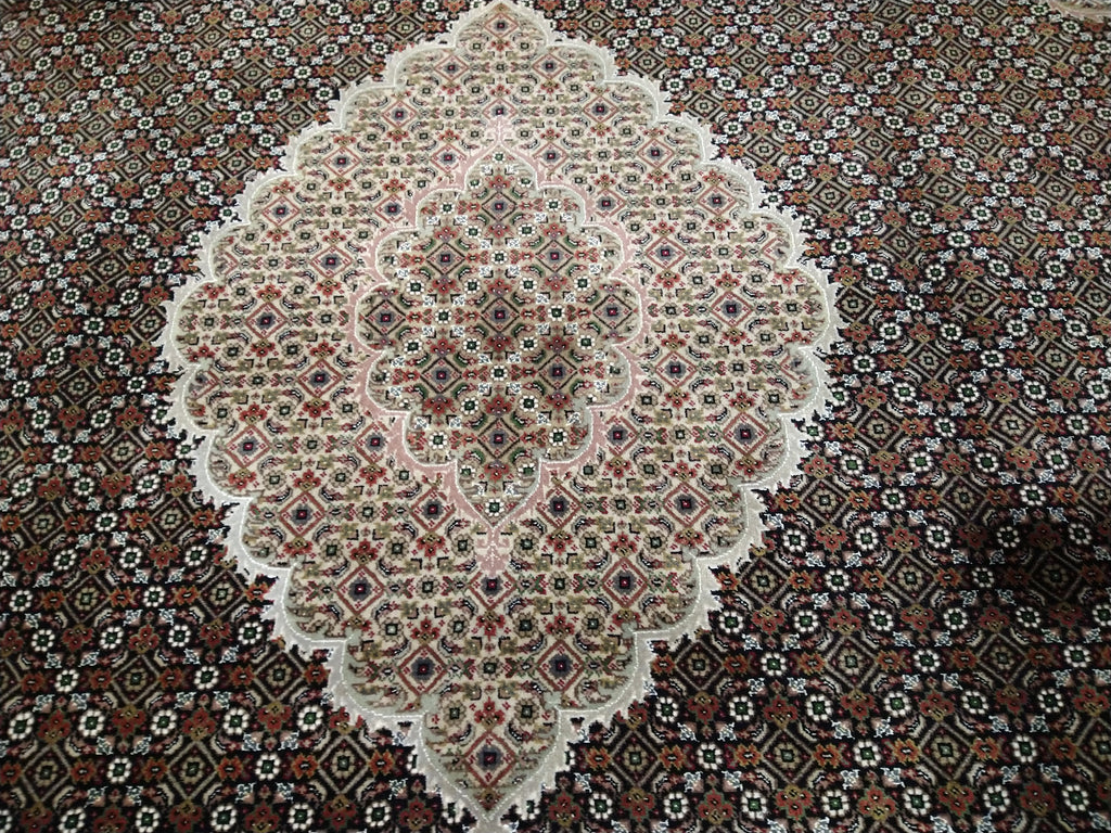 8.4 x 11.5 Fine Weave 200 KPSI BLACK Tabriz Mahi Wool and Silk Hand-knotted in India #F-5608