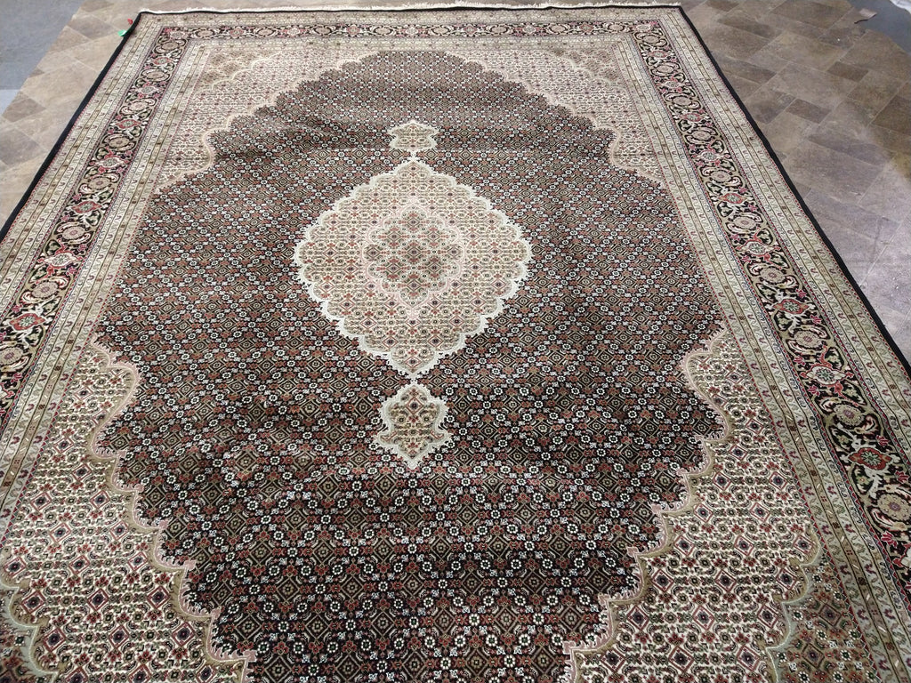 8.4 x 11.5 Fine Weave 200 KPSI BLACK Tabriz Mahi Wool and Silk Hand-knotted in India #F-5608