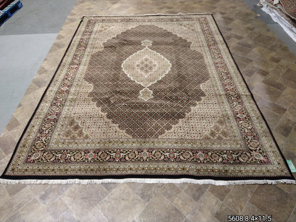 8.4 x 11.5 Fine Weave 200 KPSI BLACK Tabriz Mahi Wool and Silk Hand-knotted in India #F-5608