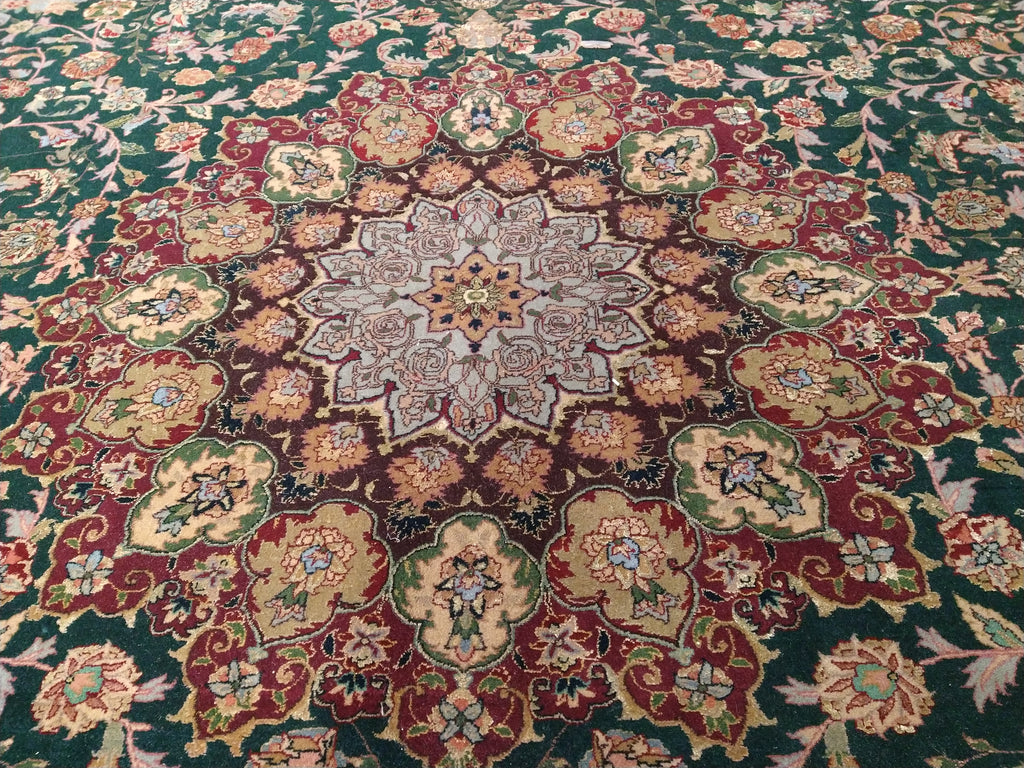 8 x 10 Emerald Green Wool and Silk Tabriz Rug Fine Quality #F-5610