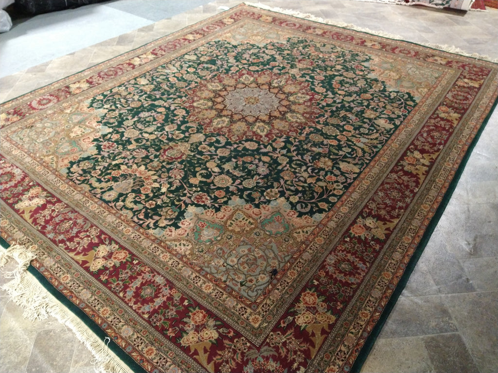 8 x 10 Emerald Green Wool and Silk Tabriz Rug Fine Quality #F-5610