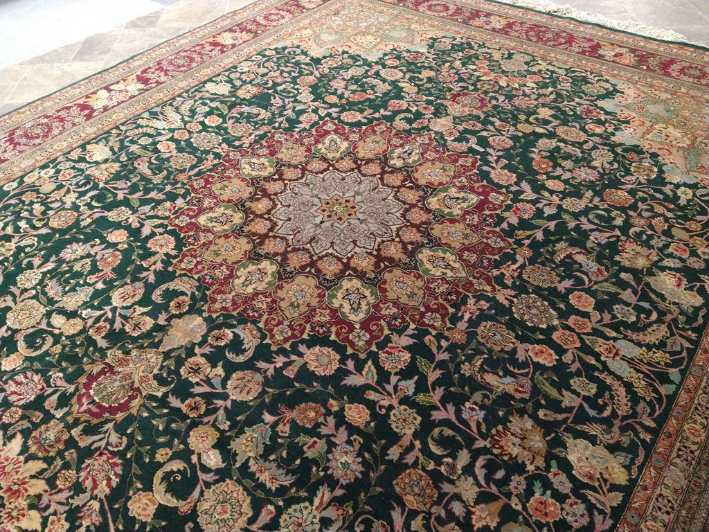 8 x 10 Emerald Green Wool and Silk Tabriz Rug Fine Quality #F-5610