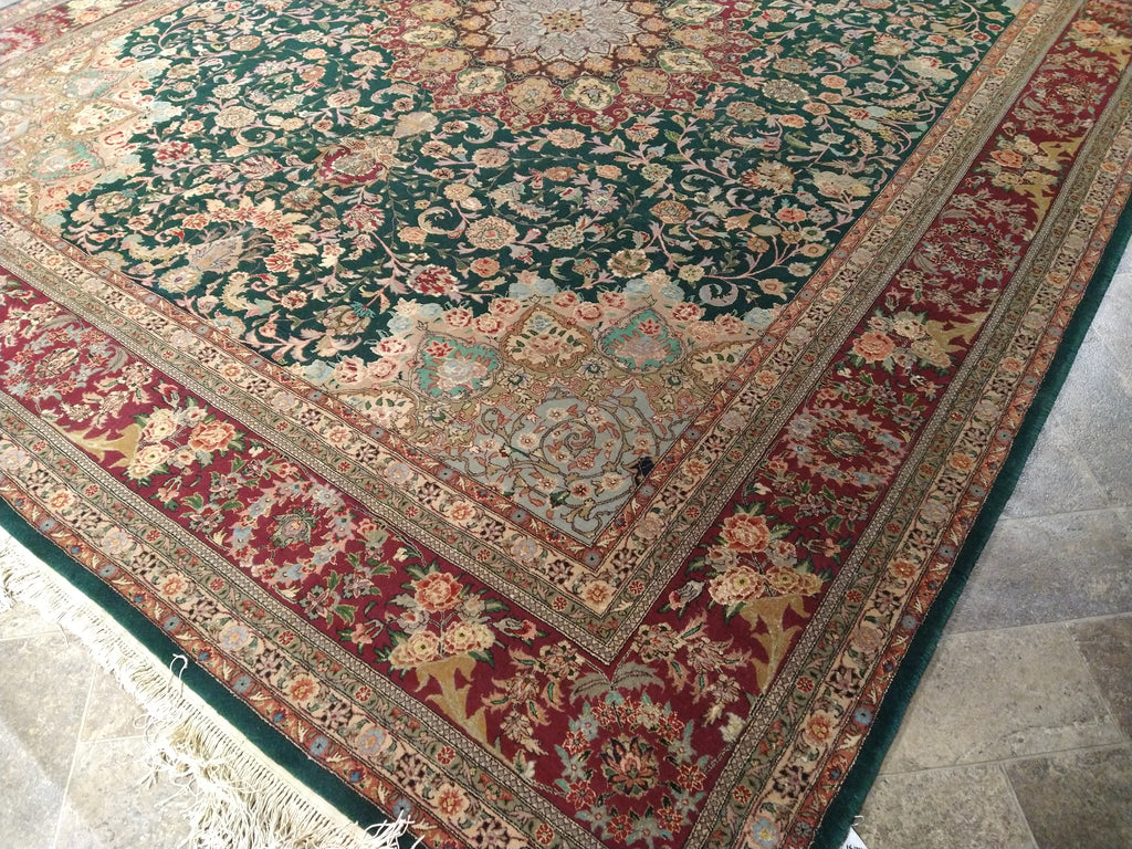8 x 10 Emerald Green Wool and Silk Tabriz Rug Fine Quality #F-5610