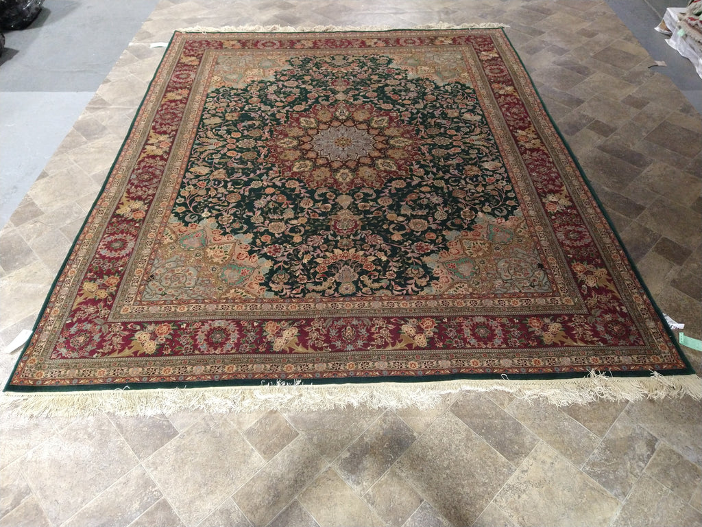 8 x 10 Emerald Green Wool and Silk Tabriz Rug Fine Quality #F-5610