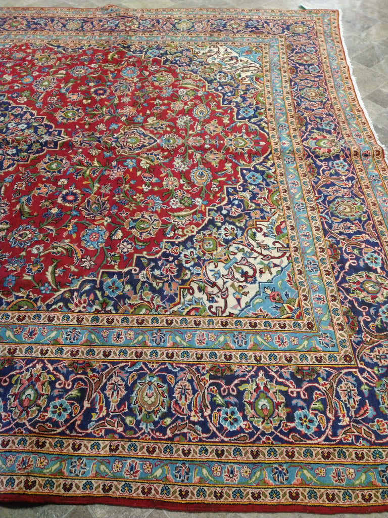 9.6 x 13.10 Persian Red Blue Traditional Kashan Rug Semi-Antique #F-5625