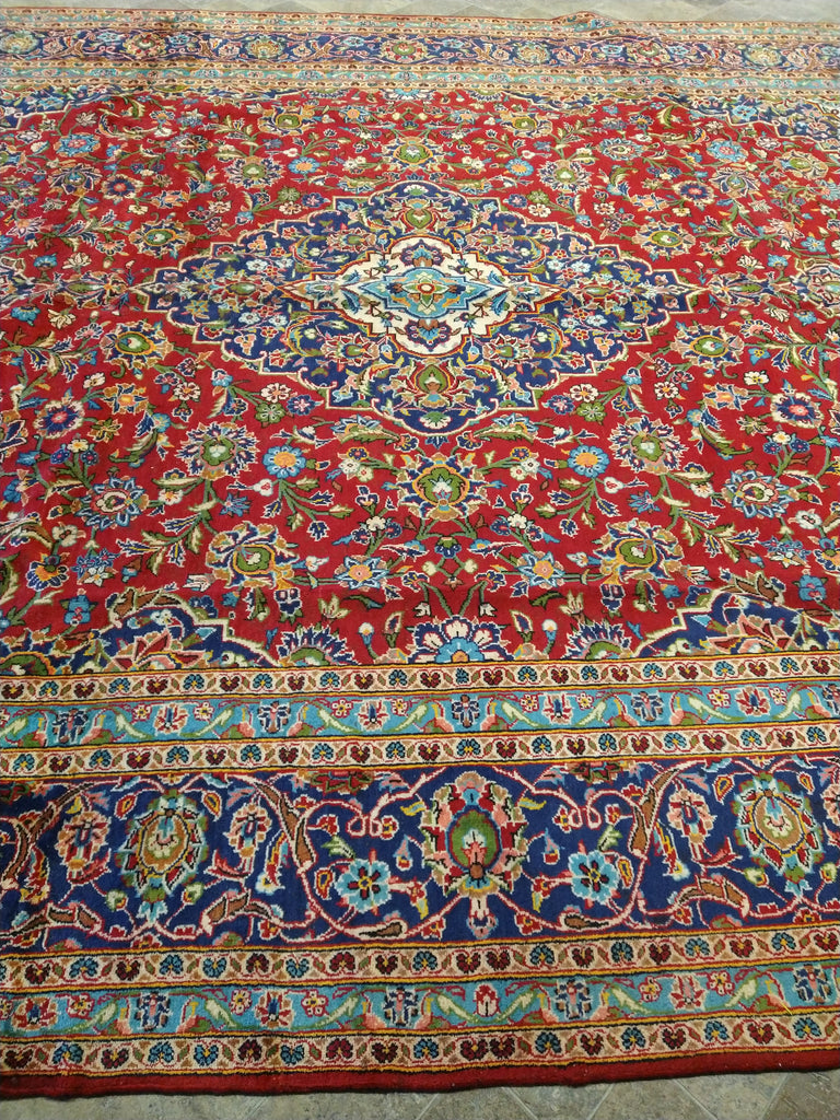 9.6 x 13.10 Persian Red Blue Traditional Kashan Rug Semi-Antique #F-5625