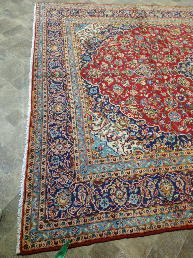 9.6 x 13.10 Persian Red Blue Traditional Kashan Rug Semi-Antique #F-5625