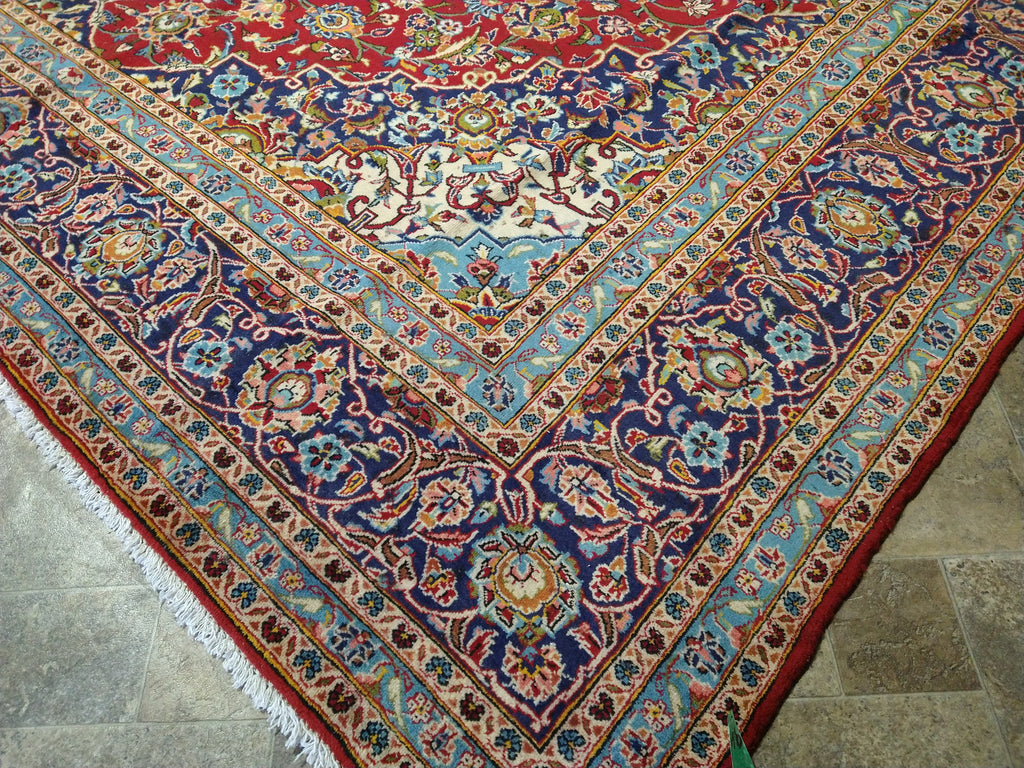 9.6 x 13.10 Persian Red Blue Traditional Kashan Rug Semi-Antique #F-5625