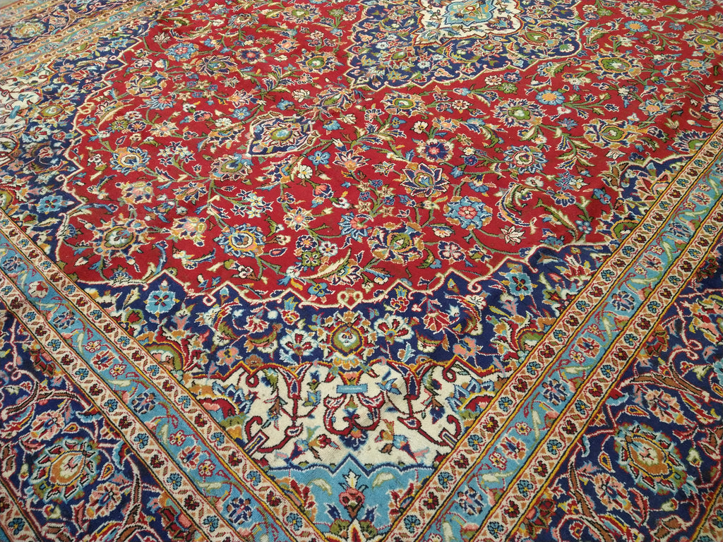 9.6 x 13.10 Persian Red Blue Traditional Kashan Rug Semi-Antique #F-5625