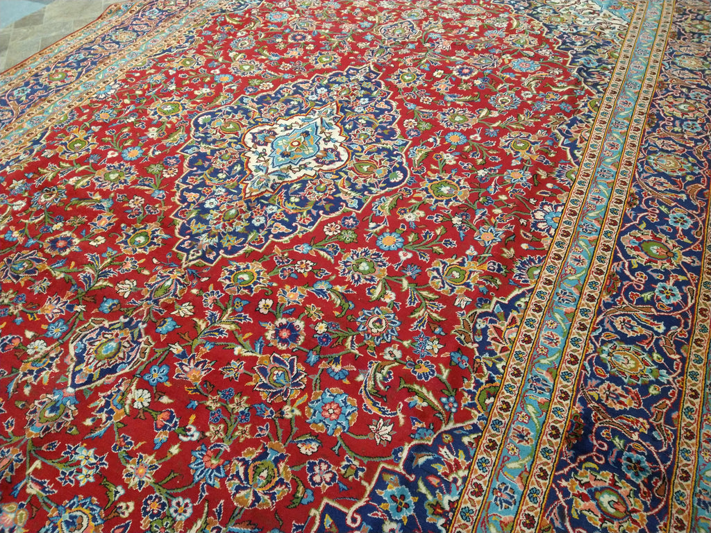 9.6 x 13.10 Persian Red Blue Traditional Kashan Rug Semi-Antique #F-5625