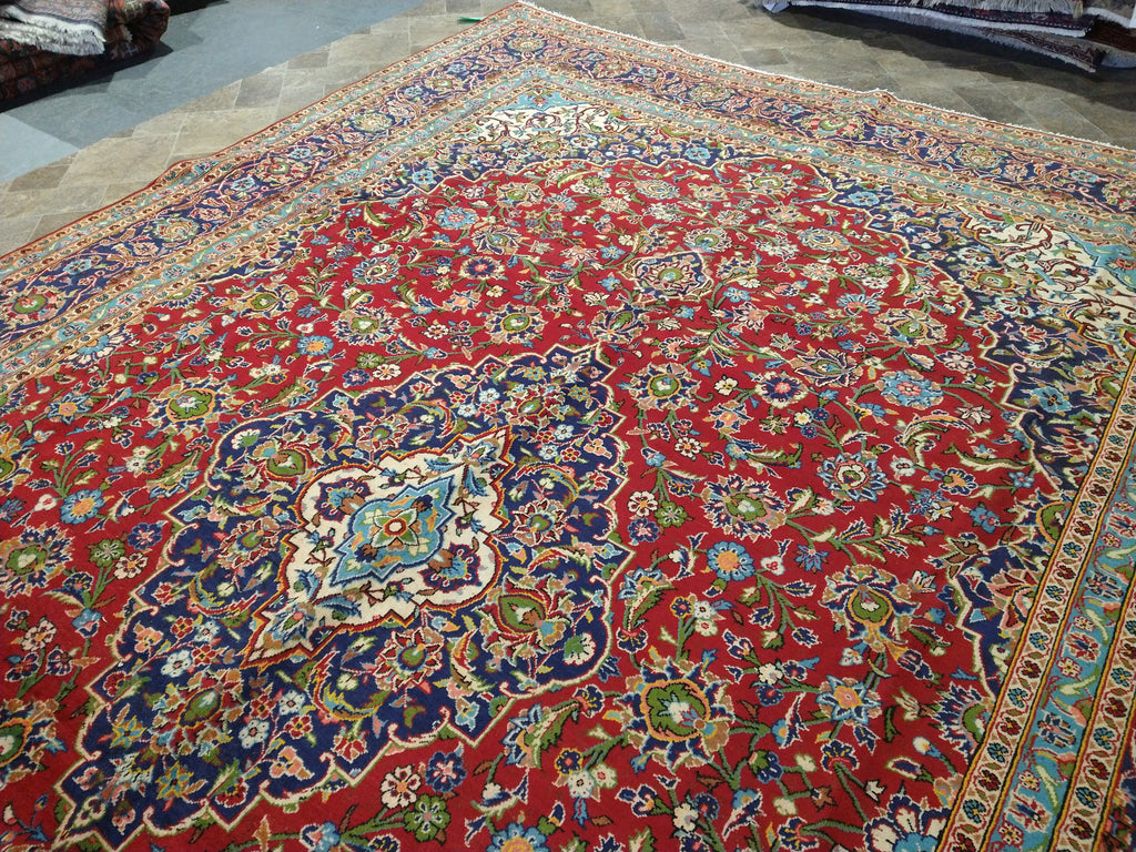 9.6 x 13.10 Persian Red Blue Traditional Kashan Rug Semi-Antique #F-5625