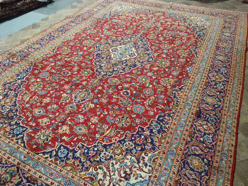 9.6 x 13.10 Persian Red Blue Traditional Kashan Rug Semi-Antique #F-5625