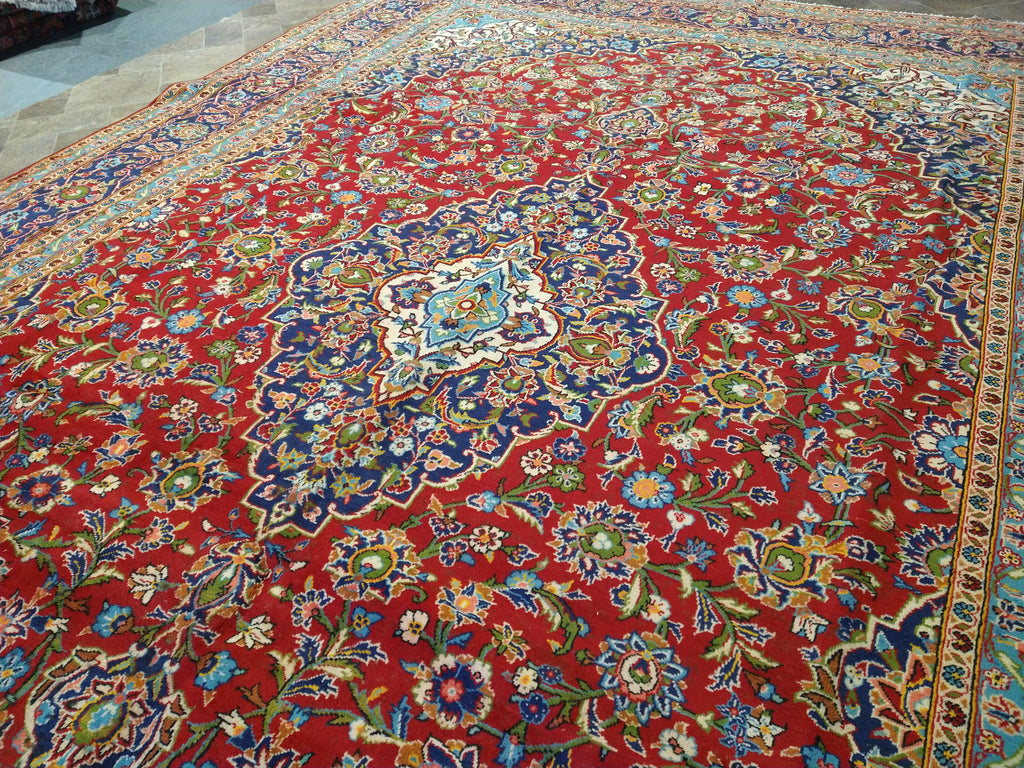 9.6 x 13.10 Persian Red Blue Traditional Kashan Rug Semi-Antique #F-5625