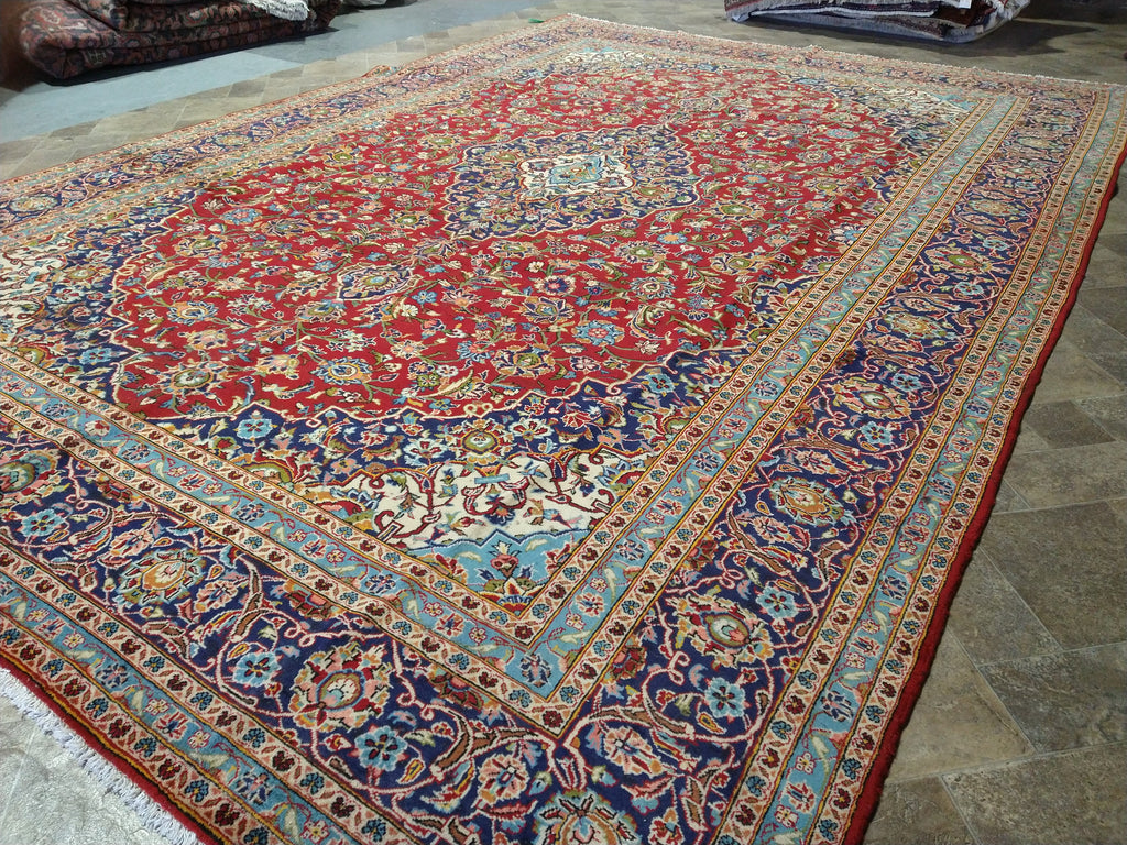 9.6 x 13.10 Persian Red Blue Traditional Kashan Rug Semi-Antique #F-5625