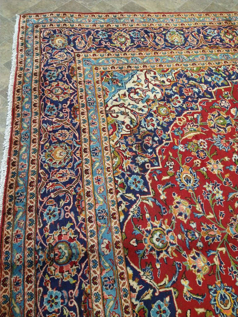 9.6 x 13.10 Persian Red Blue Traditional Kashan Rug Semi-Antique #F-5625