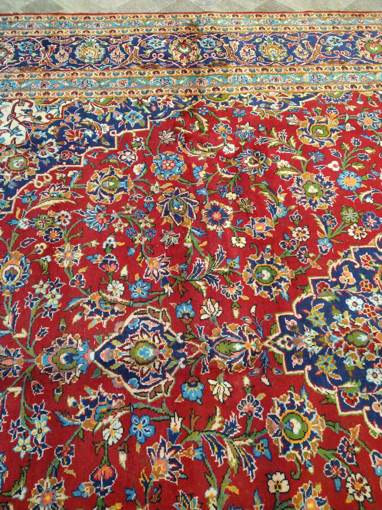 9.6 x 13.10 Persian Red Blue Traditional Kashan Rug Semi-Antique #F-5625