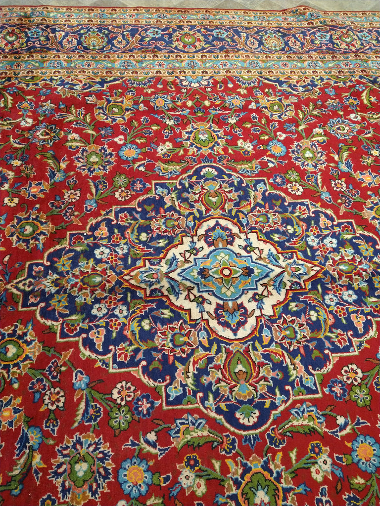 9.6 x 13.10 Persian Red Blue Traditional Kashan Rug Semi-Antique #F-5625