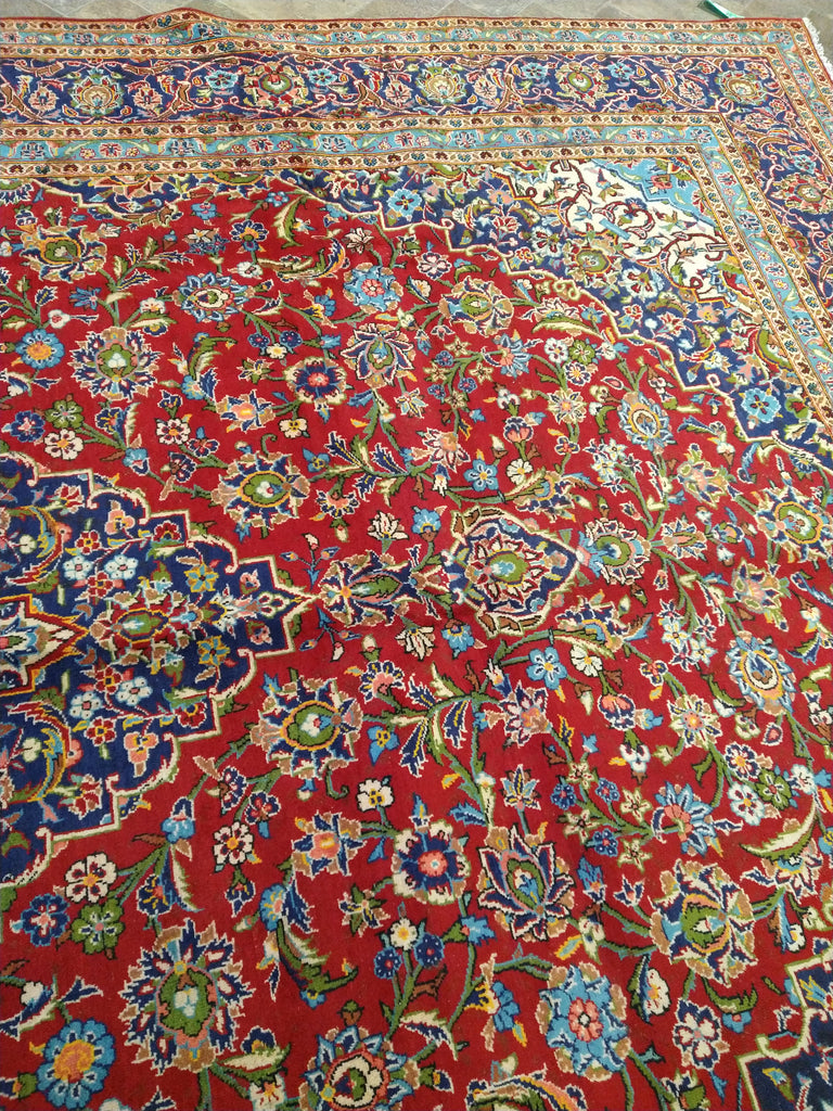 9.6 x 13.10 Persian Red Blue Traditional Kashan Rug Semi-Antique #F-5625
