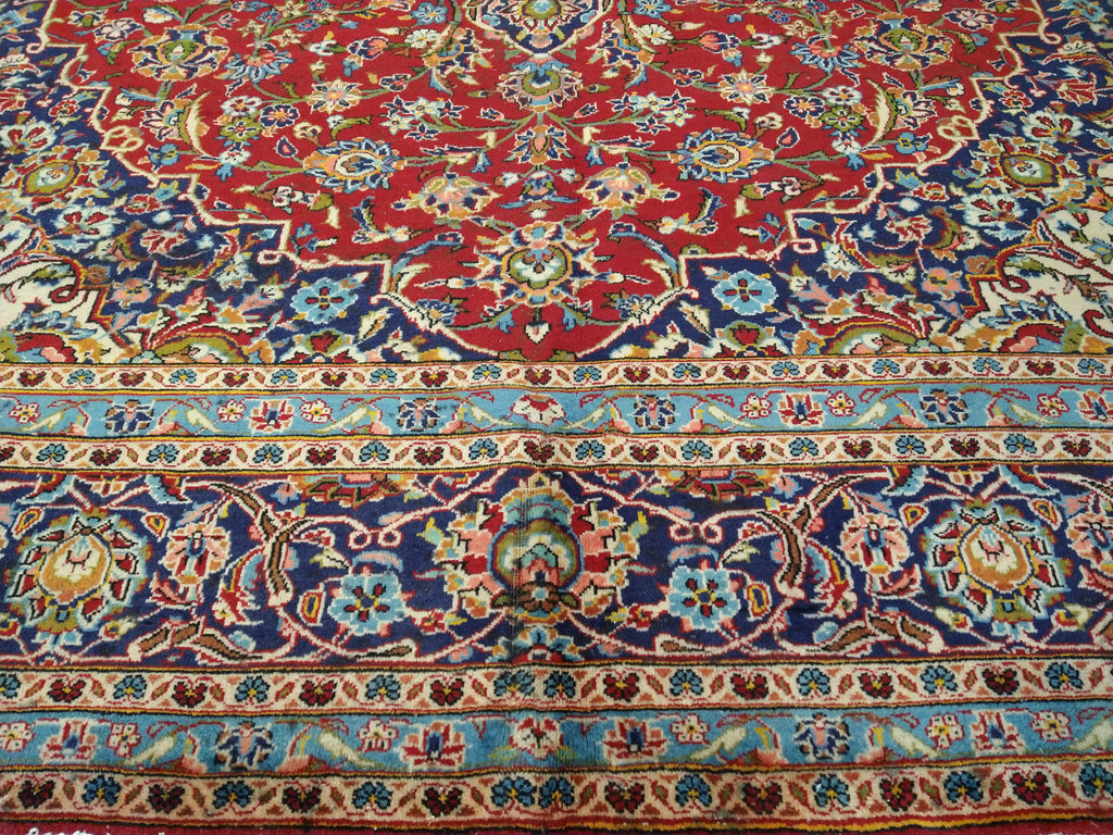 9.6 x 13.10 Persian Red Blue Traditional Kashan Rug Semi-Antique #F-5625