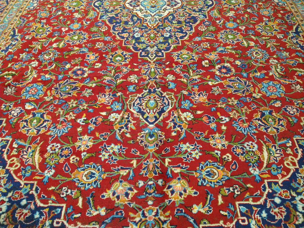 9.6 x 13.10 Persian Red Blue Traditional Kashan Rug Semi-Antique #F-5625