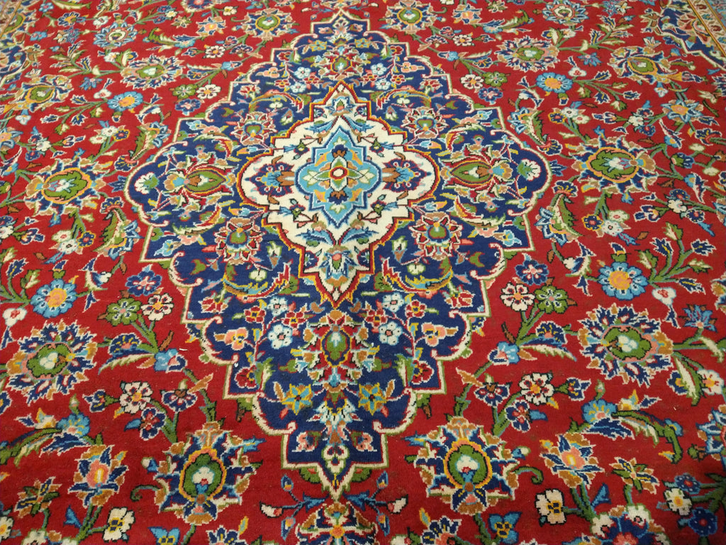 9.6 x 13.10 Persian Red Blue Traditional Kashan Rug Semi-Antique #F-5625