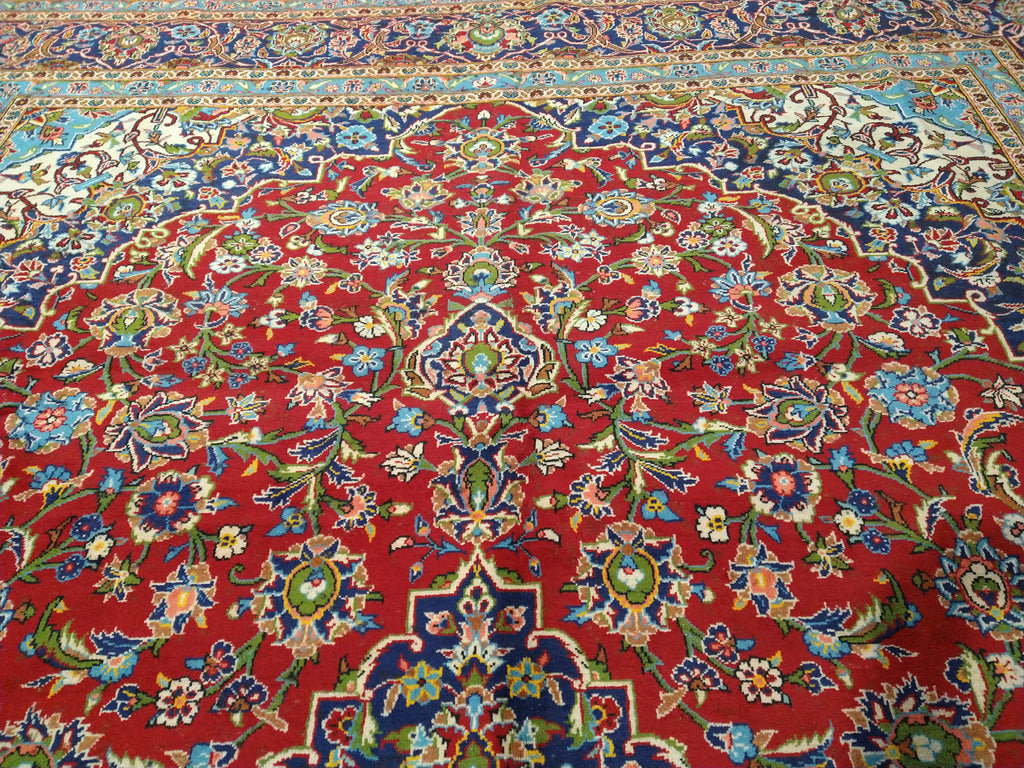 9.6 x 13.10 Persian Red Blue Traditional Kashan Rug Semi-Antique #F-5625