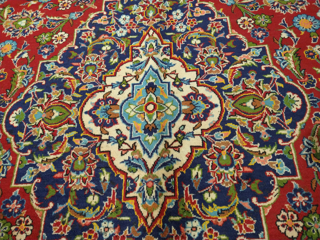 9.6 x 13.10 Persian Red Blue Traditional Kashan Rug Semi-Antique #F-5625