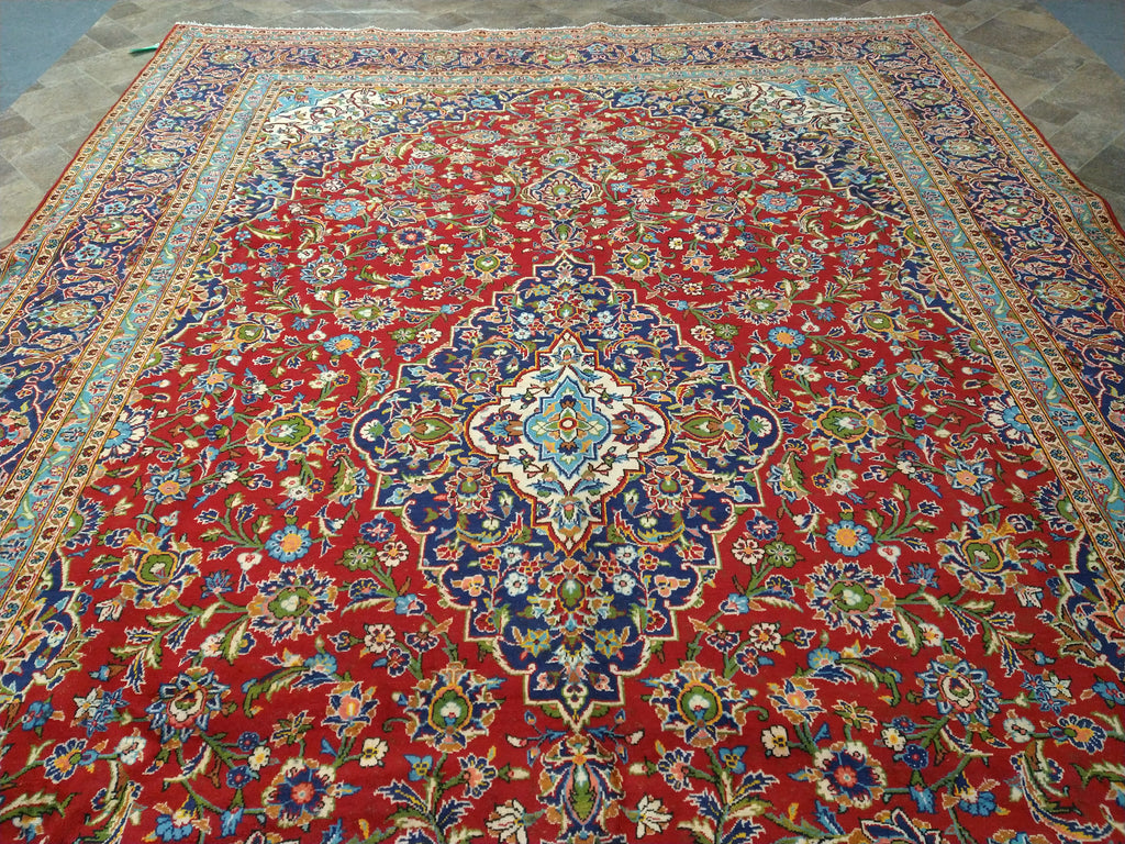 9.6 x 13.10 Persian Red Blue Traditional Kashan Rug Semi-Antique #F-5625
